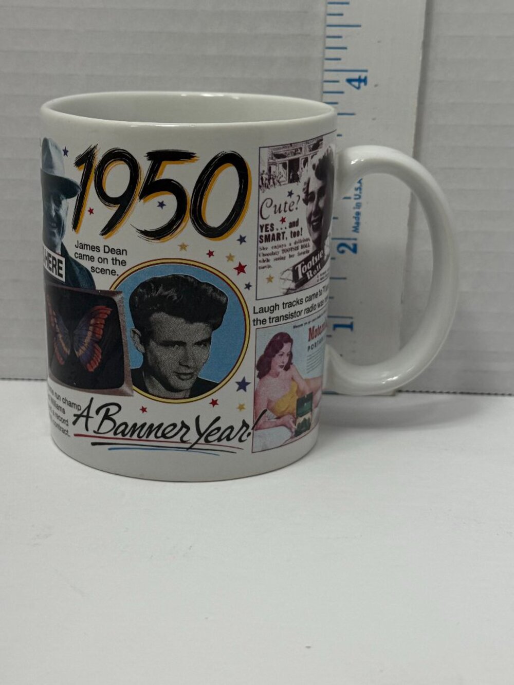 Vintage Peacock Papers Inc 1950 A Banner Year Coffee Cup Mug Features James Dean